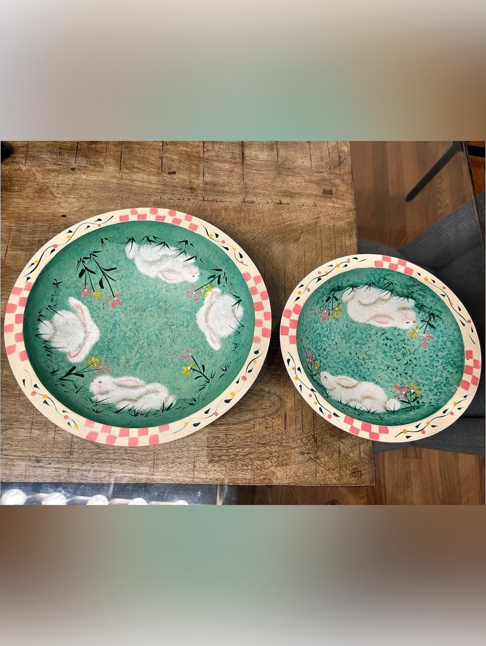 2 vintage Hand-painted Wooden Bunny Bowls featuring a whimsical rabbit and flora